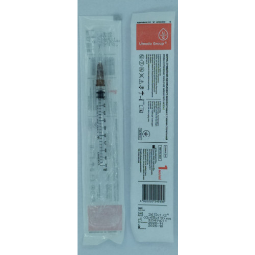 Трикомпонентний шприц Luer-Slip (1х1ml) з голкою 26Gх13mm